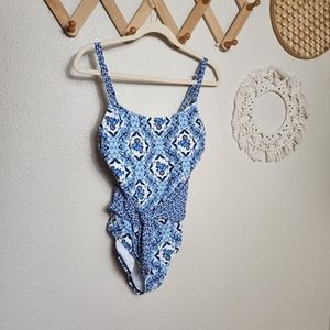 Jantzen Blue and White Geometric One Piece Swimsuit